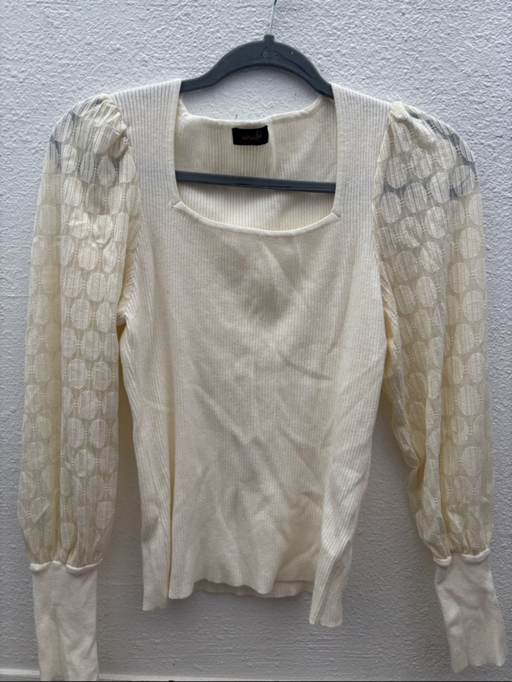 Women's Cream Square Neck Puff-Sleeve Knit Top